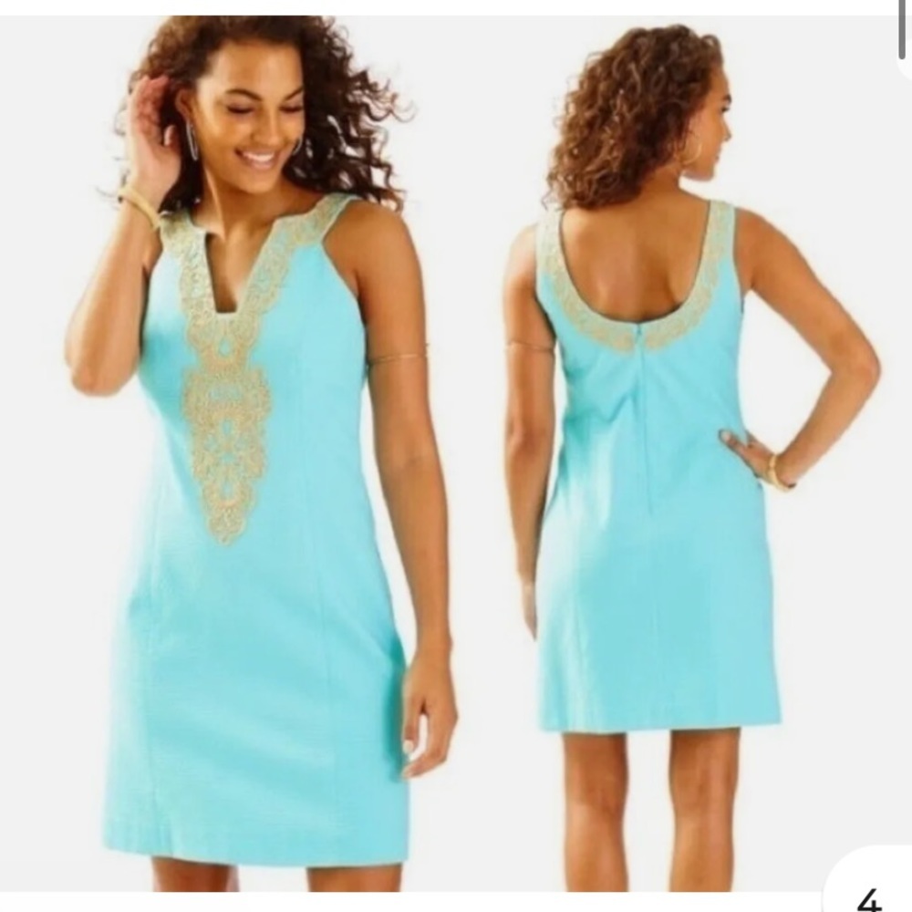 💥Lilly Pulitzer Suzette Serene Blue Metallic Gold Cording Shift Dress💥
